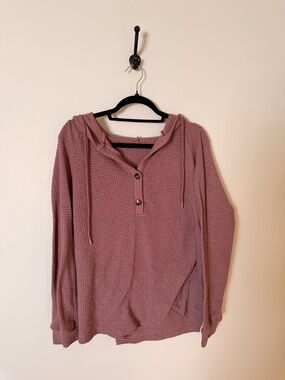 Waffle-Knit Hooded Pullover - Dusty Mauve